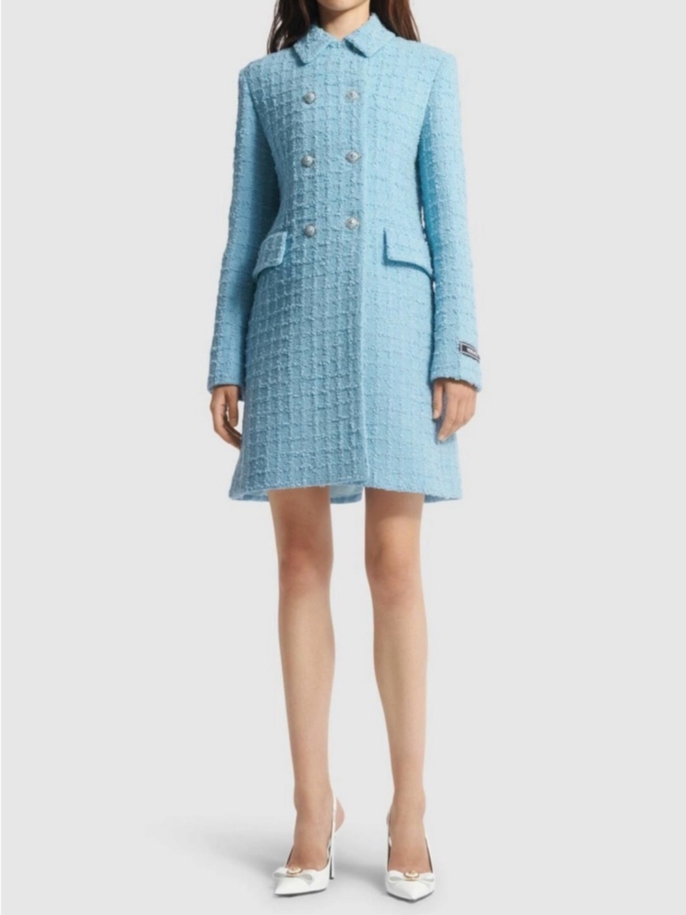 Versace Bouclé Double-Breasted A-Line Powder Blue Coat